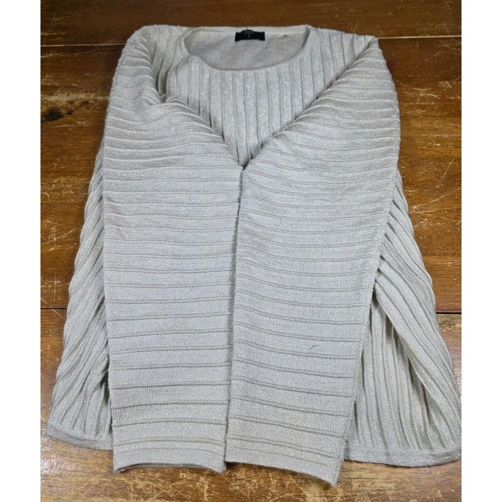 Tahari Metallic Ribbed Knit Sweater Champagne Gold Shimmer Crew Neck Medium
